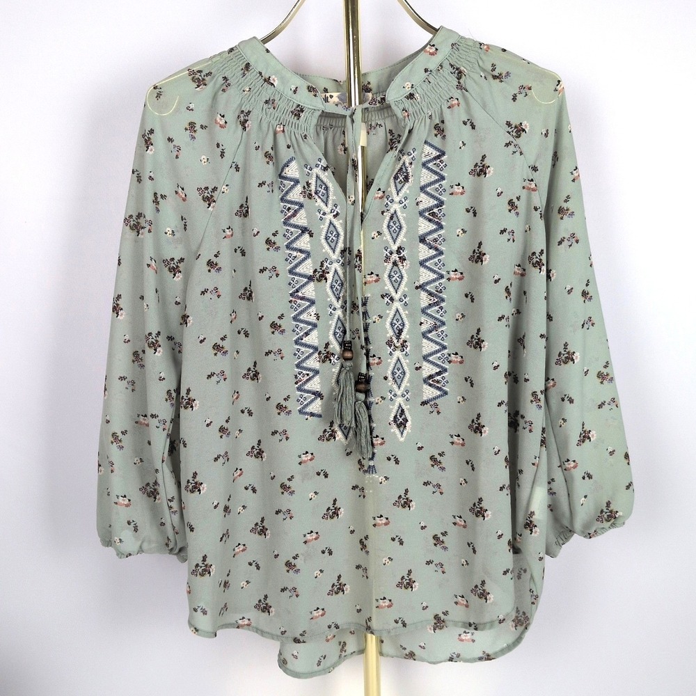 Jolt Women Large Blouse Sage Green Floral Embroidered Tassel Tie Neck Boho Top